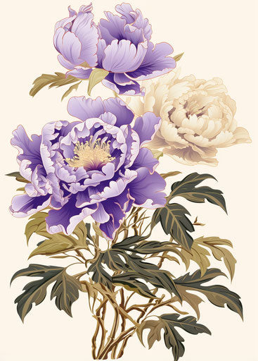 Peony flower stock image, Japanese folklore-inspired art style, light violet and dark beige, tattoo