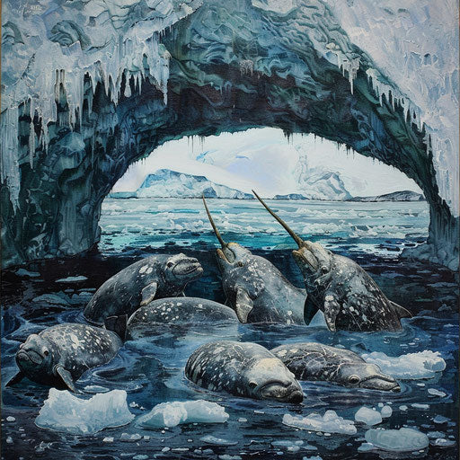 Narwhals beneath an arch of ice, a hidden passage in the Arctic