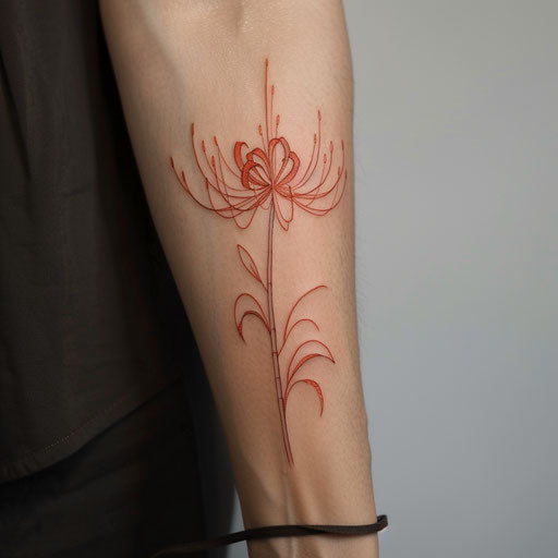 Contemporary minimalist tattoo sketch of a red spider lily with a single line
