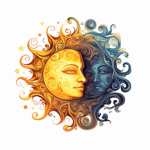 Sun and moon clipart in the style of Oil painting on a white background