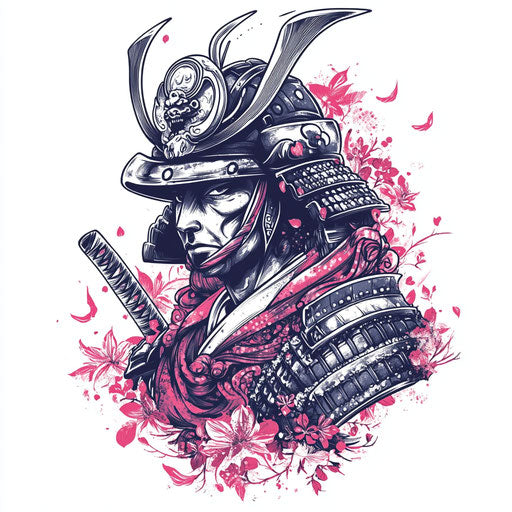 A beautiful Japanese samurai tattoo sketch in Art Nouveau style