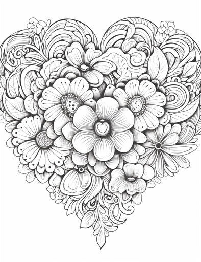 Heart shaped coloring page, floral style, black and white, aerial view
