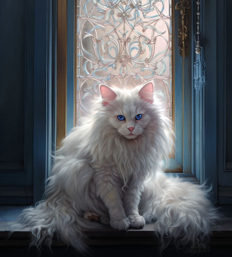 White Persian kitten sitting on a wooden floor with an open window
