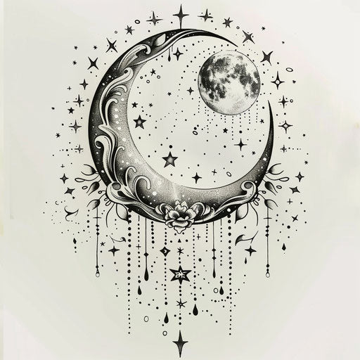 Sketch of a mystical moon with stars, delicate lines