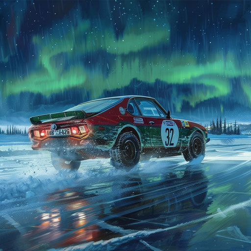 Ice Racing Car Under Northern Lights