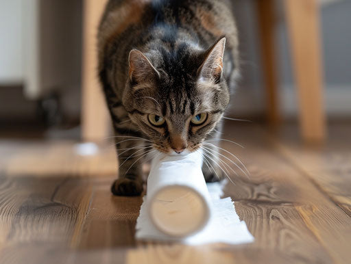 A cat on a wooden floor looking into a paper towel roll