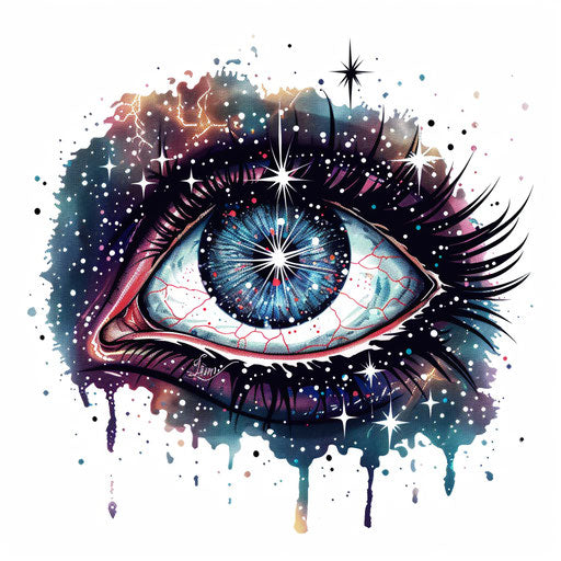 Heartfelt tattoo of an eyeball with sparkling stars in dark space