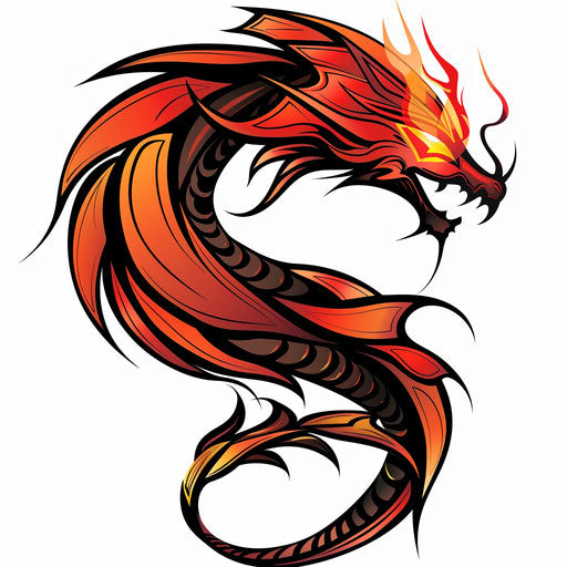 Dragon silhouette in tattoo style, fiery reds and oranges