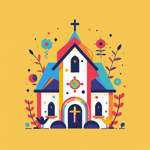 Whimsical church logo with playful elements and bright colors