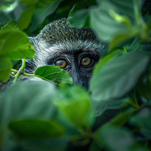 Curious vervet monkey in lush green bush in wild setting