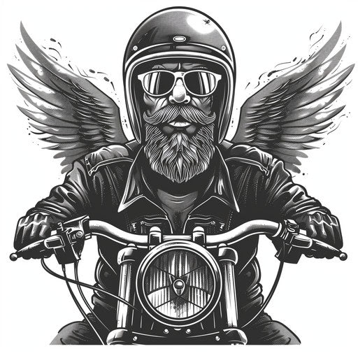 Sophisticated flat tattoo sketch of a biker with elegant metallic details