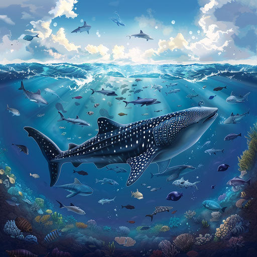 Whale shark migrating with various marine species