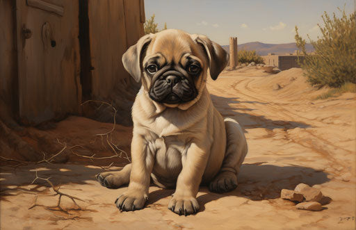 A pug puppy sitting on a dirt road
