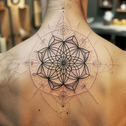 Elegant tattoo sketch of the Flower of Life, fine line work with silver highlights
