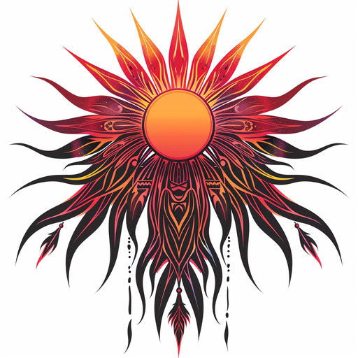 Stylized sunset tattoo with bold, fiery colors and tribal eleme