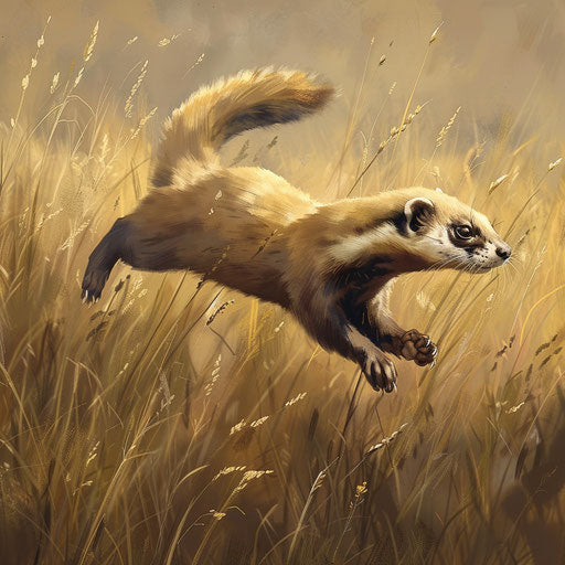 Playful black-footed ferret leaping in a field of tall grass