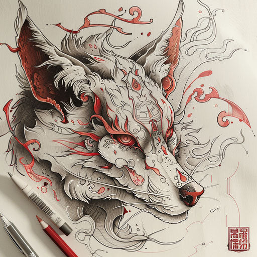 Intricate flat tattoo sketch of a kitsune blending traditional Japanese art with modern clipart influences