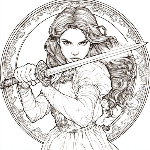 Warrior princess with a sword, Mark Schultz style, coloring book page