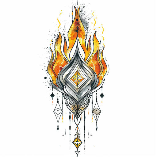 Flame tattoo design with geometric patterns and gold and silver accents on white background
