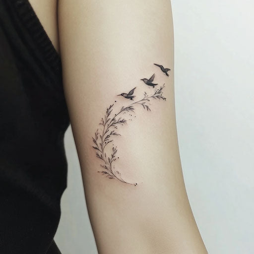 Beautiful upper arm tattoo sketch for women with delicate feather turning into birds on white background