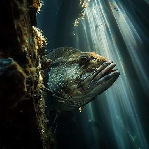 Large grouper hiding in wreck under sunbeam