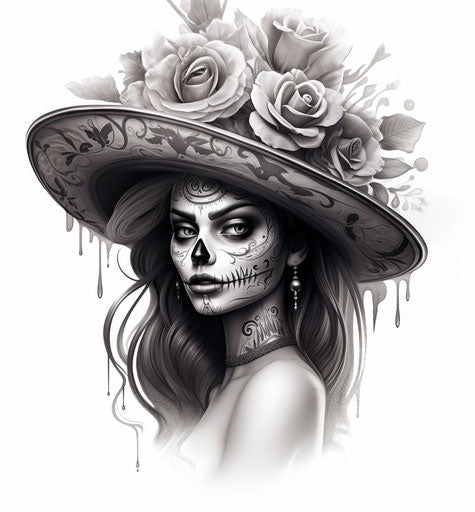 Skull hat tattoo design, Mexican muralism style