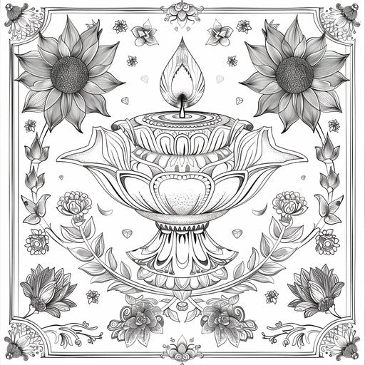 Ornate Diya lamp with floral designs - coloring book page