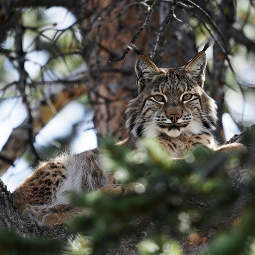 Lynx resting in the shade of a pine tree