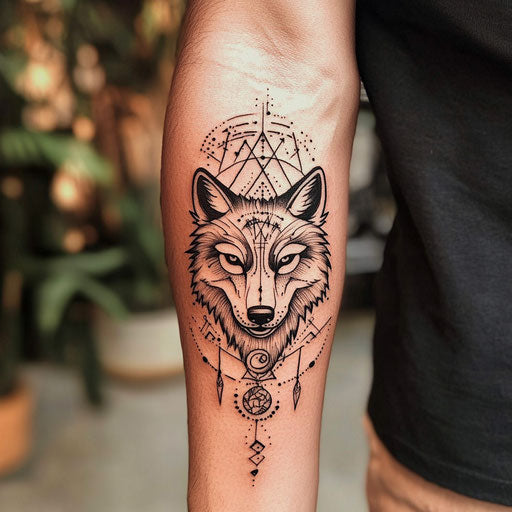 Tribal wolf tattoo in the style of Humberto Ramos featuring a playful cartoon wolf