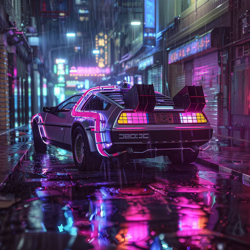 Cyberpunk DeLorean DMC-12 in a rainy alley