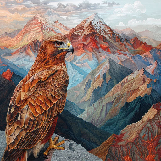 Red hawk in a majestic mountain range