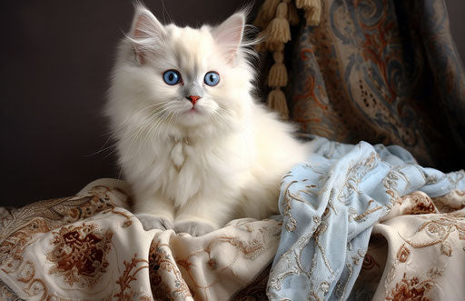 White kitten sitting on a fluffy white blanket