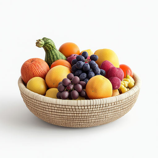 3D fruit basket on flat white background, isolated clipart