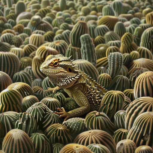 A bearded dragon exploring a cactus labyrinth
