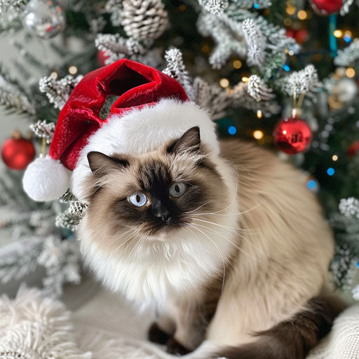 Himalayan cat with a Christmas hat sitting by a decorated tree