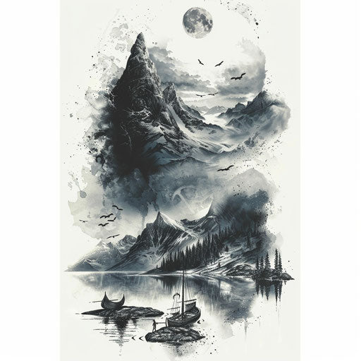 Nordic landscape associated with Thor in flat grey and white