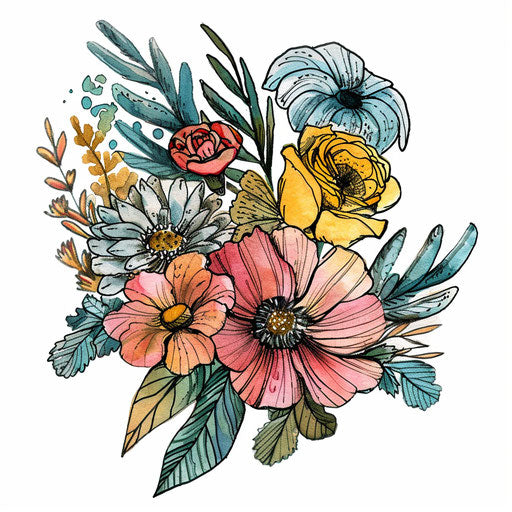 Eclectic flat tattoo sketch of a flower bouquet