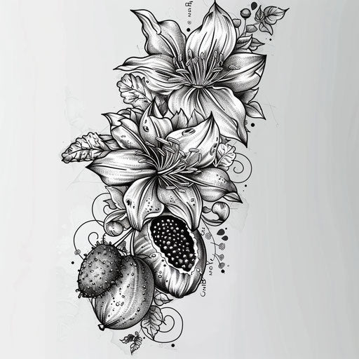 Neo-traditional flat tattoo sketch of jagua fruits with ornate botanical details