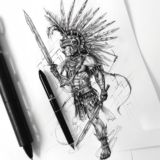 Minimalist sketch of Aztec warrior tattoo with fine line