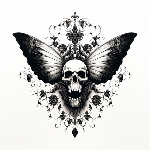 Black and white moth on white background, skull motif style, bold character designs