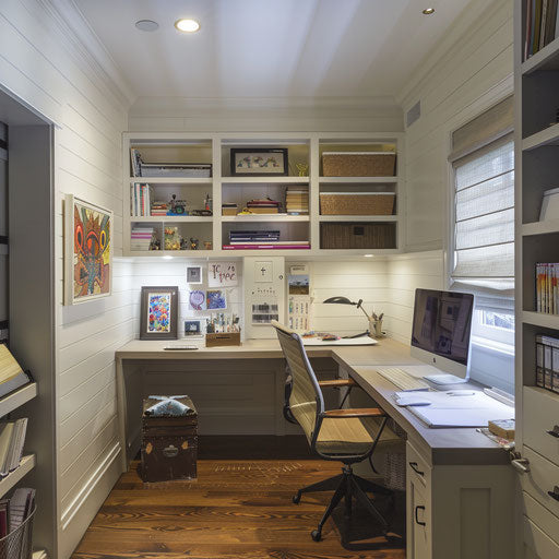 Craft corner in a home office with art supply storage