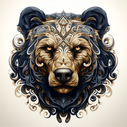 Tribal bear, hyperrealistic design, gray and brown tones