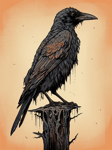 Dark gray raven, neotraditional style, colorized, ink drawings