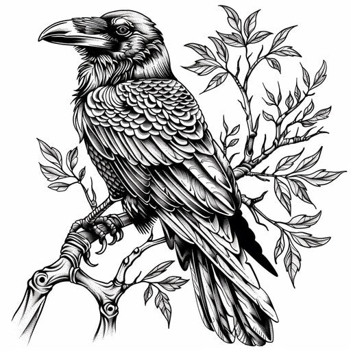Tattoo sketch of a raven perched on a branch, with intricate feather details, in clipart style, flat black ink