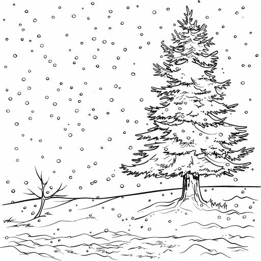 Lone pine tree in snowfall, soft snowflakes, coloring page