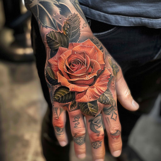 Rose hand tattoo in the style of Adrian Smith featuring mechanical rose petals