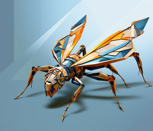 Origami insect with thorns and stripes, light blue and amber style