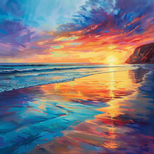 Sandy beach at sunset with vibrant colors on the ocean