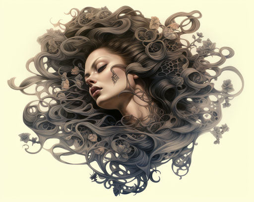 Chinese tattoo inspirations, sepia tone, dreamlike portrait