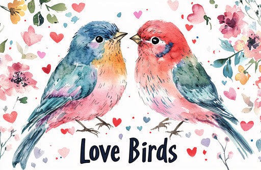 Cute and beautiful Valentine's Day clipart with two lovebirds, pastel colors on white